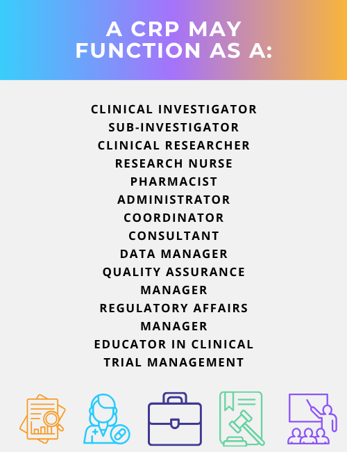 A CRP can be a:<br />
clinical investigator<br />
sub-investigator<br />
clinical researcher<br />
research nurse<br />
pharmacist<br />
administrator<br />
coordinator<br />
consultant<br />
data manager<br />
quality assurance manager<br />
regulatory affairs manager<br />
educator in clinical trial management
